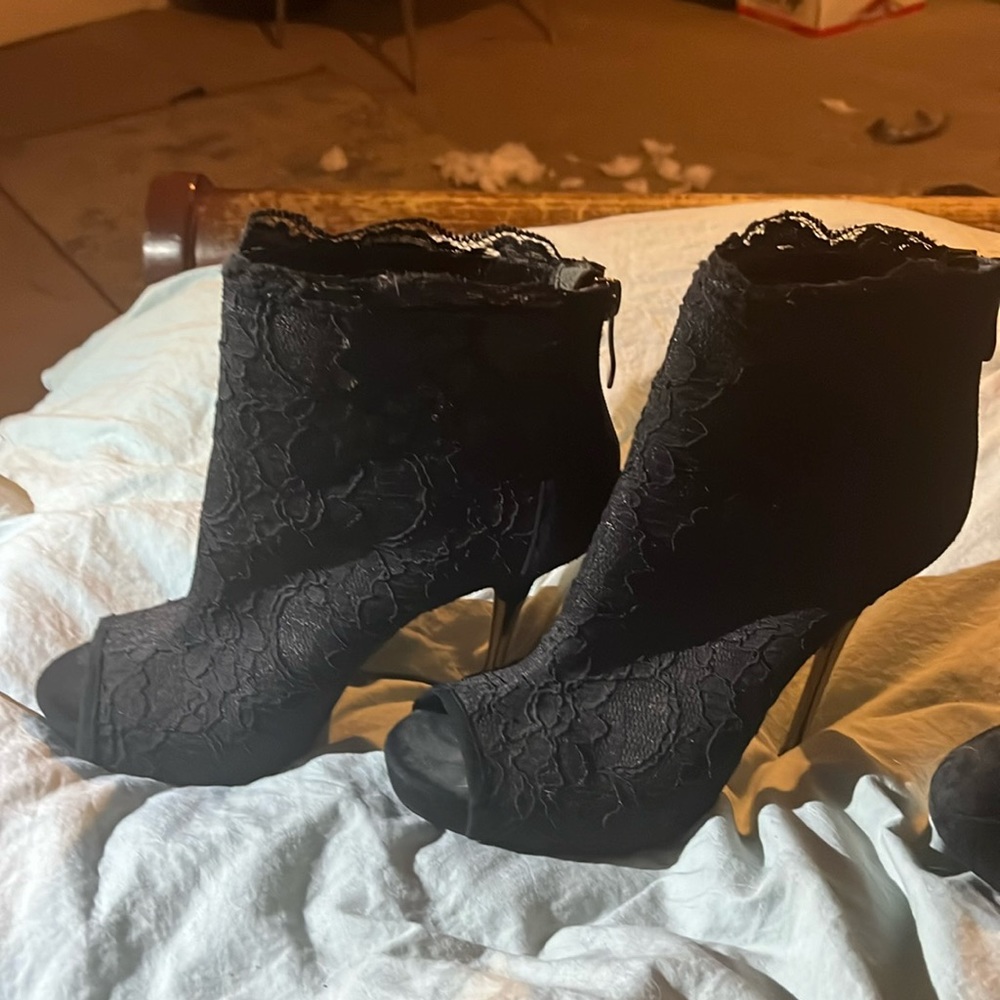 Bebe high heel black lace open toe.